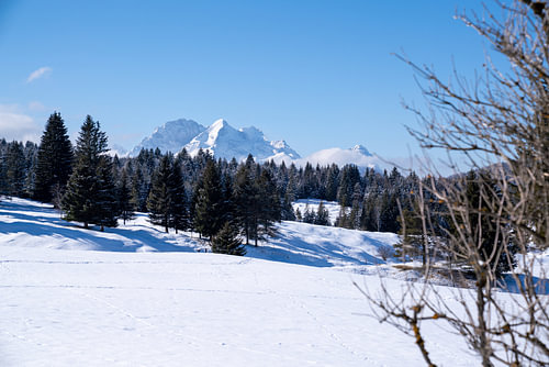 Besneeuwde bergweiden bij Mittenwald, ingebed in de winterse bergwereld van de Alpen.