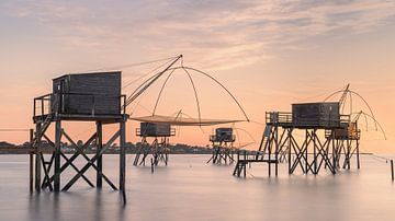 Fishing huts at sunset in Saint-Michel-Chef-Chef, Loire-Atlantique, France