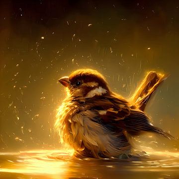 Bathing sparrow, during the golden hour. by Studionien
