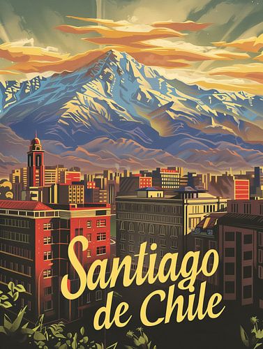 Santiago Skyline and Andes: Chile Vintage Poster