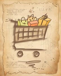 Winkelwagentje vintage tekening. Winkelen, winkelen, e-commerce van SergeivoArt