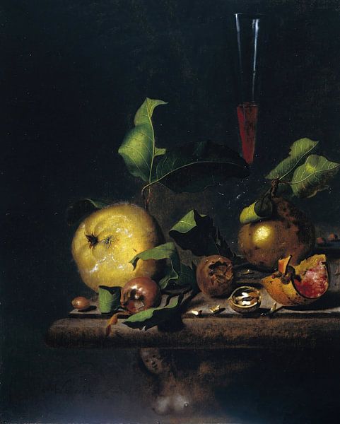 Stilleven met peren, mispels en een glas, Martinus Nellius van Meesterlijcke Meesters