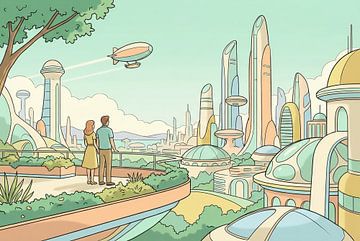 Couple illustré surplombant un paysage urbain futuriste avec un dirigeable sur Markus Gann