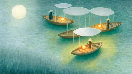 Quatre bateaux avec des lanternes sur une rivière calme