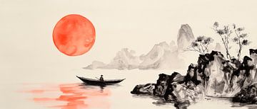Rustig landschap met rode zon van Poster Art Shop