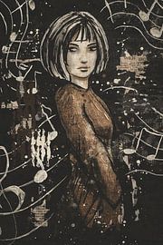 Porträt Frau mit Musiknoten - braun schwarz und off-white von Emiel de Lange