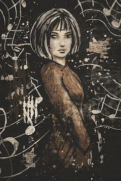 Portret vrouw met muzieknoten - bruin zwart en gebroken wit