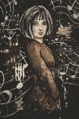 Portret vrouw met muzieknoten - bruin zwart en gebroken wit