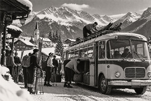 Vintage alpineskibus – Vertrek vanuit een skiresort uit de jaren ’50