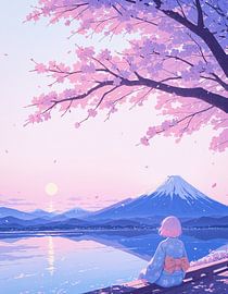 Anime Landschap Kersenbloesem Mount Fuji Japan van Ruzerin