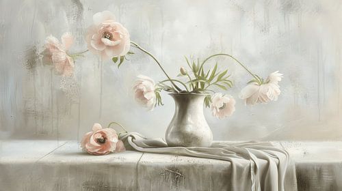 Still life with soft pink peonies in Japandi style by Japandi Art Studio