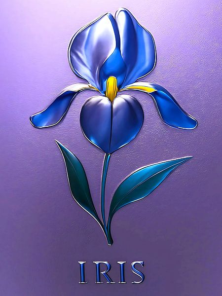 Metallisch Glänzende Blaue Irisblüte mit Text von A.D. Digital ART