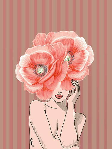 Abstract Floral Woman Portrait - Female in Poppies, Nude Woman with Watercolor Floral Head by Chrz - AquaPixelFusion