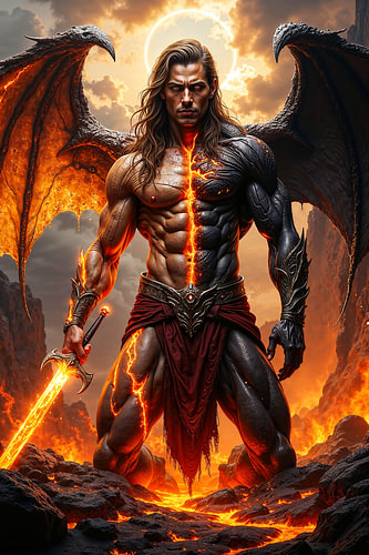 Dark Fantasy Wall Art: ZARVEXION - De gespleten demon met zijn magische zwaard van INFERAURUM - Dark Fantasy Wall Art