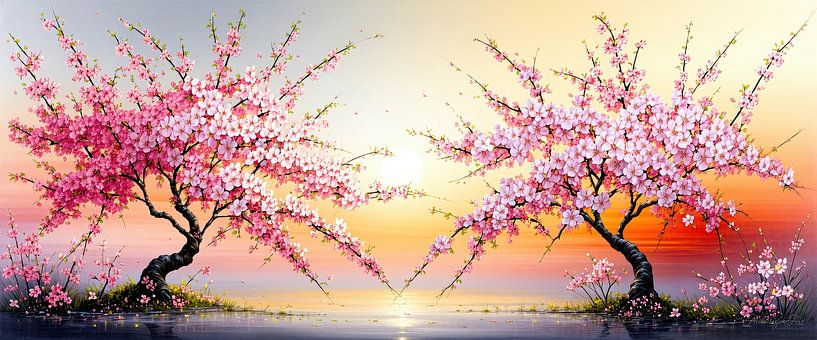 Entre rêves de fleurs et splendeur du soir - cerisiers japonais sur des îles désertes dans un lac calme, unis dans la lumière dorée du coucher de soleil par AidasignArt