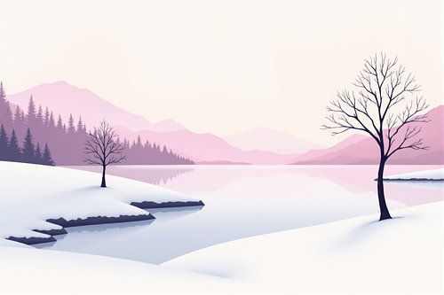 Winter Lake and Mountains with Leafless Trees