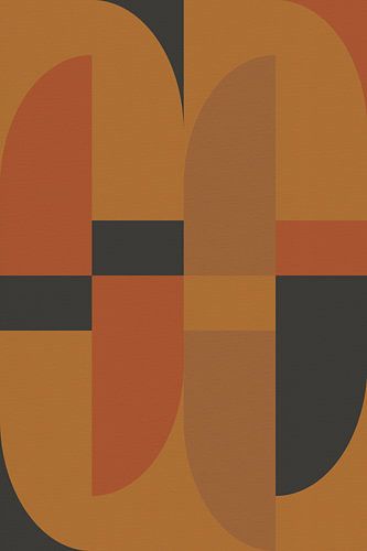 Geometrische retro kunst. Abstracte vormen in oker, oranje, zwart.