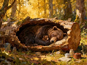 Sleeping bear family in the forest
