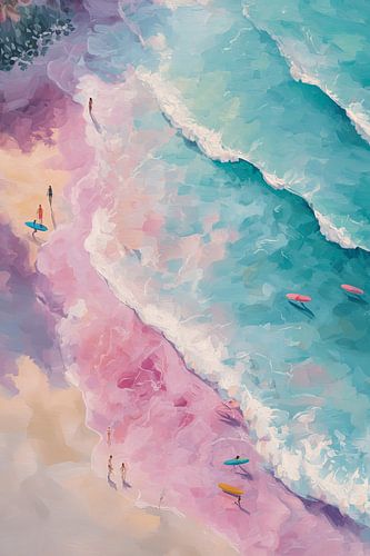 A beach scene in soft pastel hues where turquoise waves kiss the pink shore. Small silhouettes of surfers bob on the water or stroll along the beach, creating a sense of peace and serenity. The impressionistic style and use of color give the work an ethereal, almost fairytale-like quality.