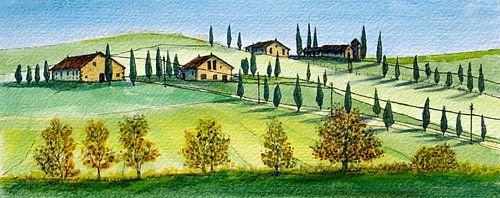 Toscaanse boerderijen op de heuvels | Aquarel schilderij