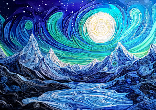 Noorderlicht boven een Noorse fjord – Quilling
