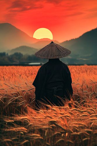 Meditating farmer in the sunset