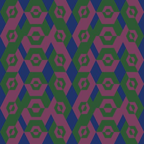 Geometrisch jaren 70 retro patroon in kobaltblauw, groen en paars.