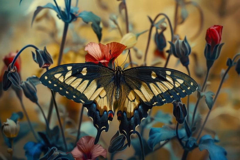 Foto eines Schmetterlings, der auf einer Blüte sitzt, Schwalbenschwanzkönigin von Joriali Fotografie und Gemälde