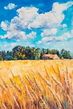Korenveld met huis en wolken - Zomers van Poster Art Shop