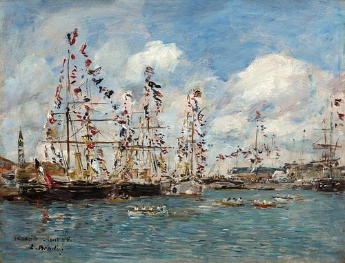 Boten versierd met vlaggen in de haven van Deauville, Eugène Boudin.