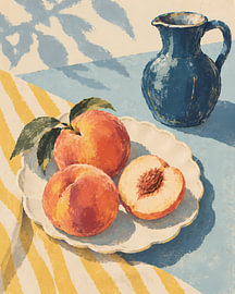 Peaches and Blue Jug on a Striped Table by Mosaic Dialogue