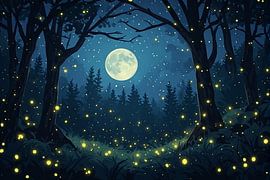 Des lucioles scintillantes dans la forêt au clair de lune sur Artistic