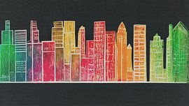 A colourful skyline with abstract buildings against a black background