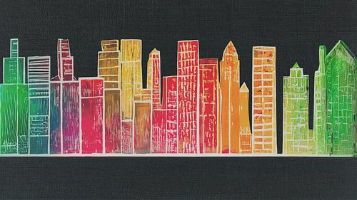 Kleurrijke skyline met abstracte gebouwen op zwarte achtergrond