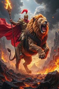 Dark Fantasy Wandbild: PYROX – Ein Krieger reitet auf seinem Löwen durch ein Inferno