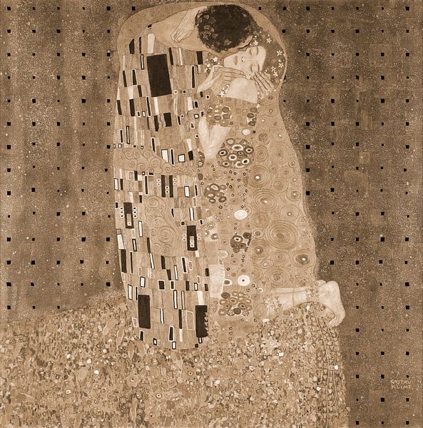 Geïnspireerd op de Kus van Gustav Klimt, in sepia met geometrisch patroon. van Dina Dankers