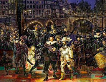 Die Nachtwache von Rembrandt in einer modernen und fröhlichen Jacke.