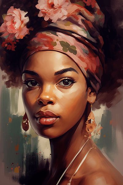 Enchanting African woman in shades of pink and green by Steinfox Art