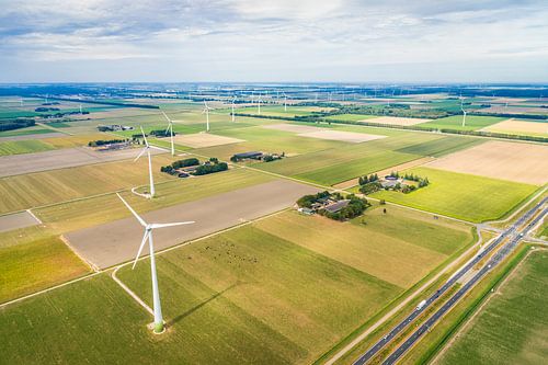 Aerial photography of Dutch agriculture fields, wind turbines, infrastructure and landscapes
