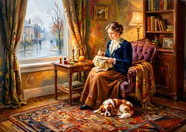 Woman Embroidering by Window with Cavalier Spaniel by ArtMomente