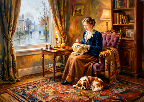 Woman Embroidering by Window with Cavalier Spaniel