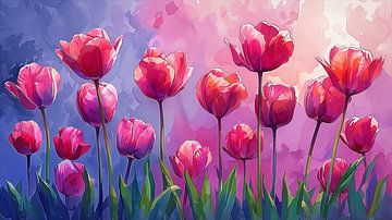 Rode Tulpen op een rij. van Harry Stok
