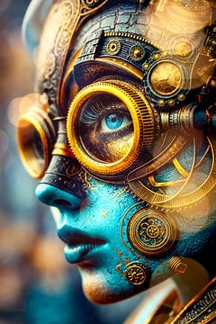 Expressionistische Steampunk Portretkunst in Goud en Blauw van Arjen Roos