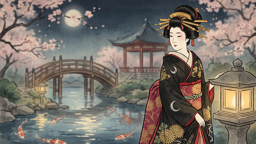 Elegante geisha onder de door het maanlicht verlichte sakurabloesems