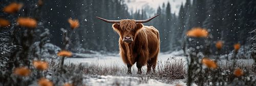Winterlandschap met een hooglander in de sneeuw