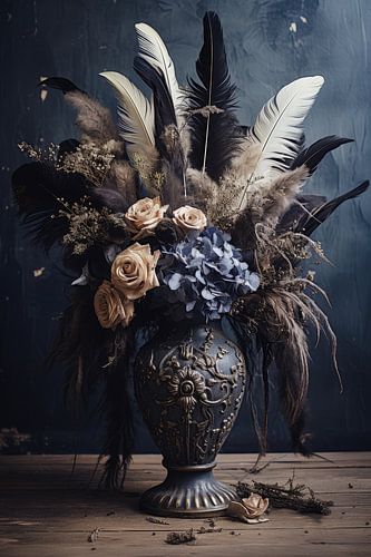 stilleven met opgedroogde bloemen en veren