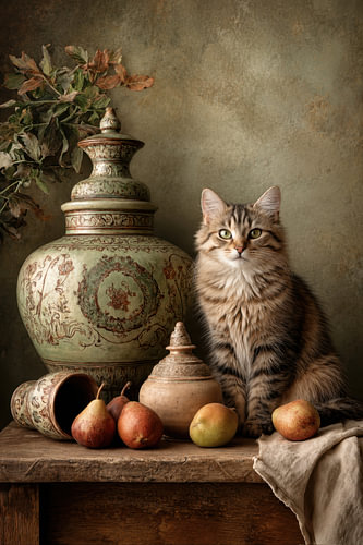 Kat -  Elegant Stilleven met Peren in Saliegroen