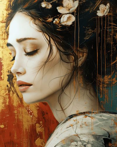 Modern portret in rood en geel.