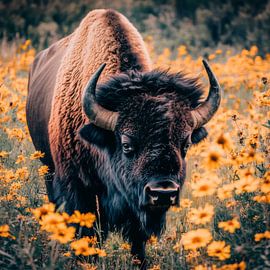 Bison im Blumenfeld von Poster Art Shop