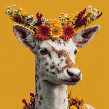 Deer in Bloom on Yellow Background #3